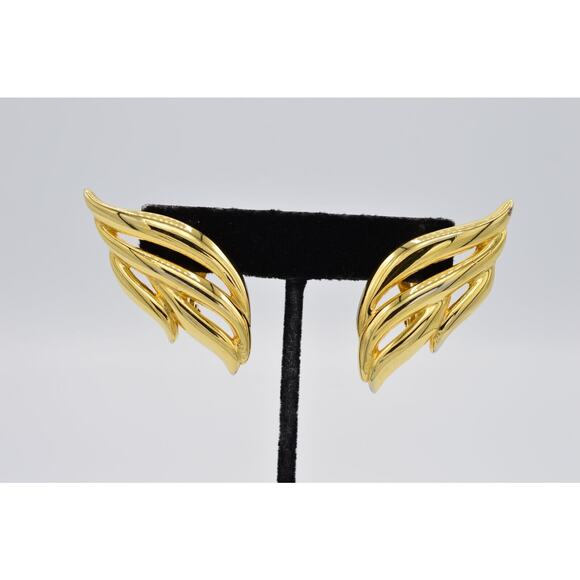 Givenchy Vintage Clip Earrings Shiny Gold Winged Heavy Chunky Signed Runway BinW - Picture 1 of 10
